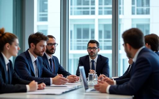 A professional business meeting with diverse participants.