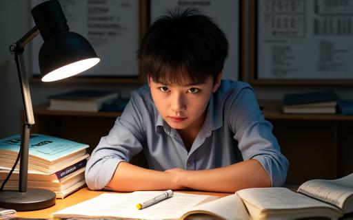 A student studying for an exam with books and a laptop.