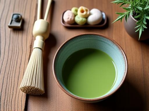 A traditional Japanese tea ceremony setup with a matcha bowl.